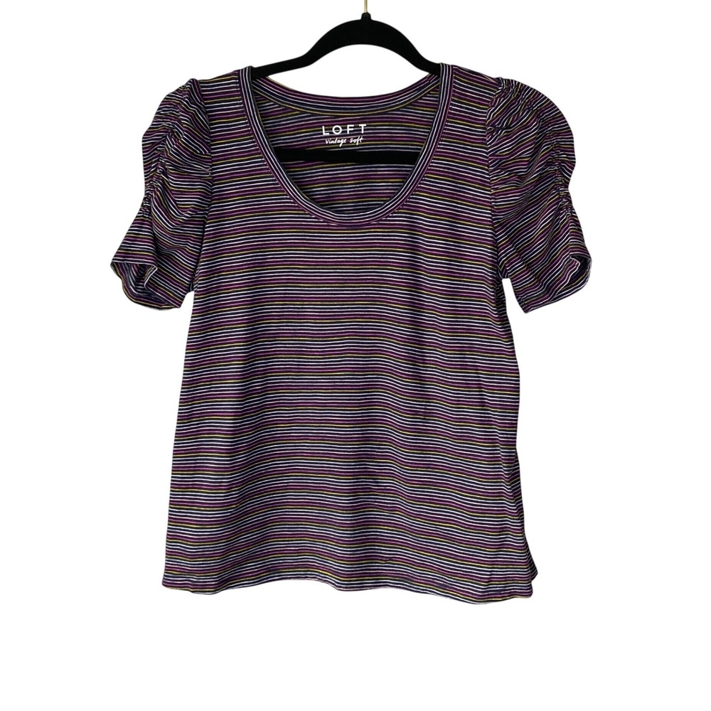 LOFT Vintage Soft Striped Puff Sleeve Scoop Neck Tee Navy Pink Yellow SP
